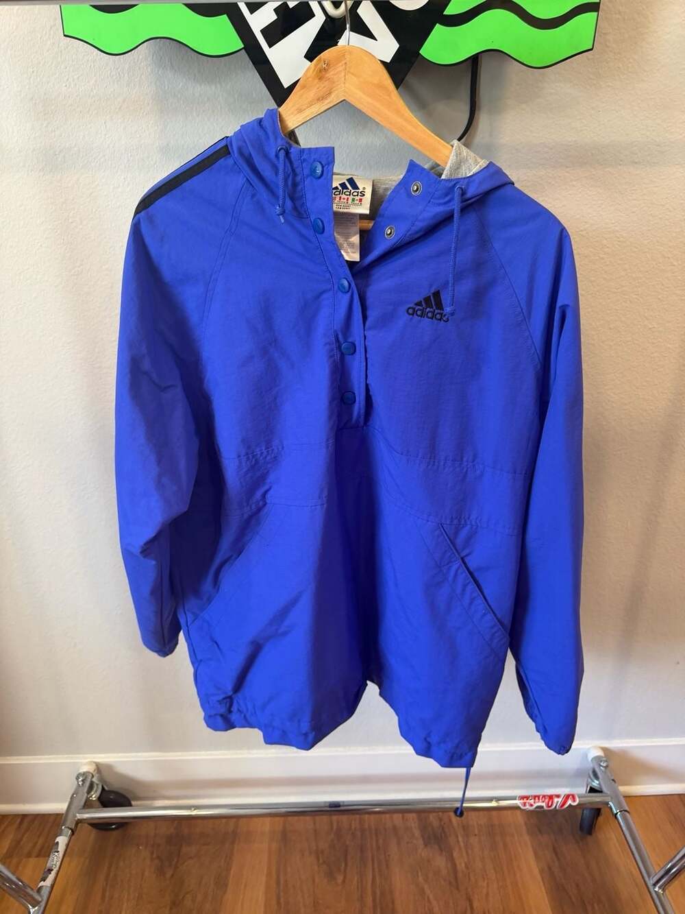 Vintage Adidas 90s Three-Stripe Snap-Button Hooded Pullover Windbreaker Jacket